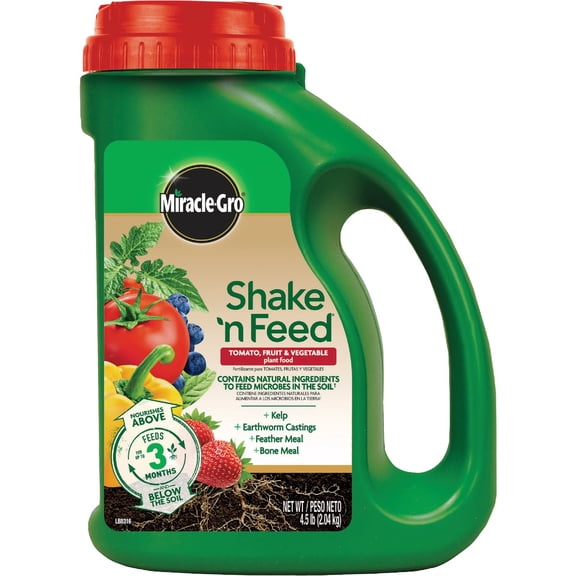 Miracle-Gro Shake 'N Feed Tomato, Fruit and Vegetable Plant Food - Fertilizer for Vegetable Gardens, for In-Ground and Container Plants, Feeds up to 3 Months, 4.5 lb.
