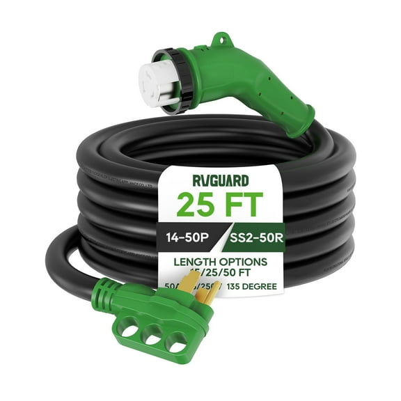 RVGUARD 50 Amp 25 Foot RV Power Cord with 135 Degree, 14-50P to SS2-50R Generator Extension Cord, Heavy Duty STW Cord with LED Power Indicator, Green, ETL Listed
