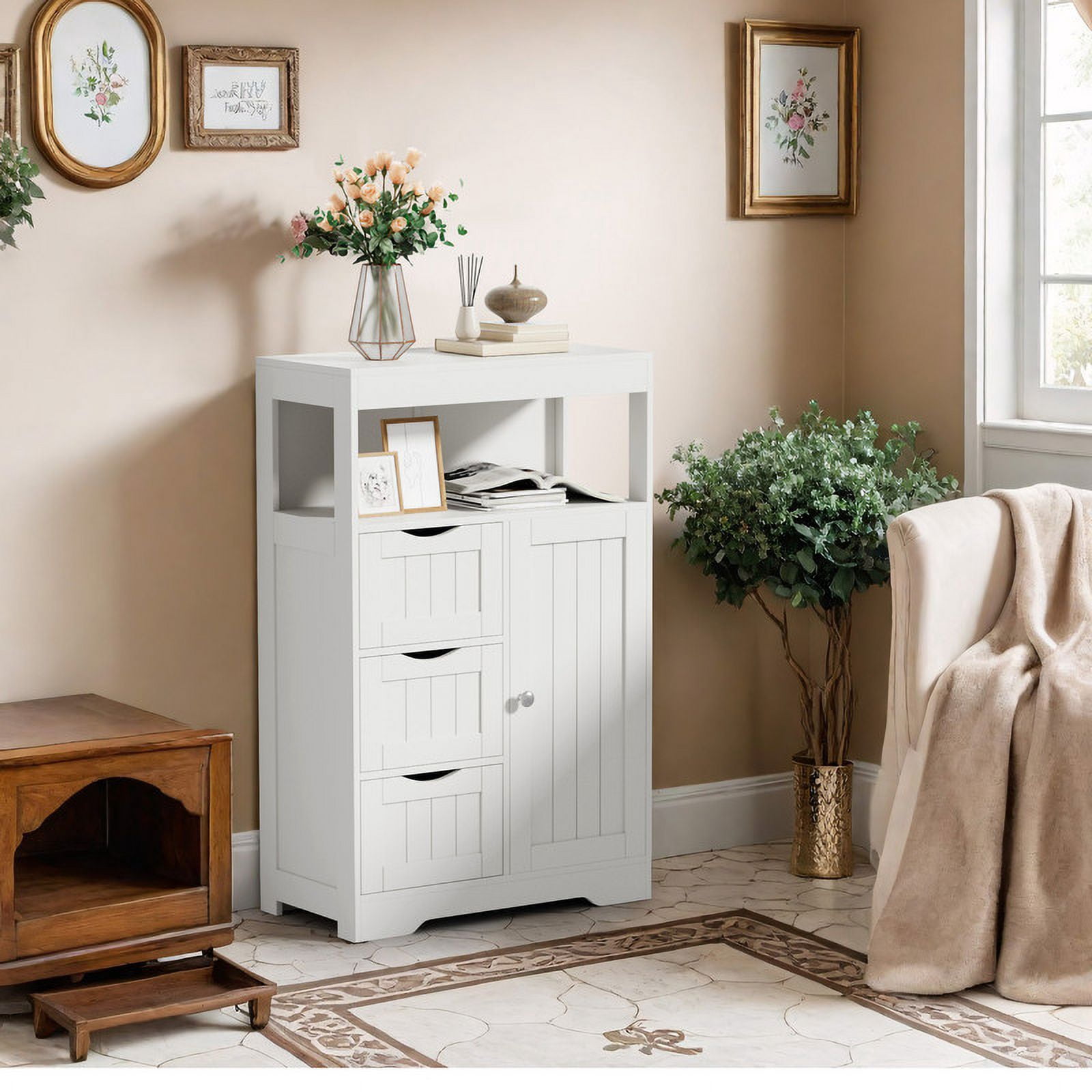 Homall Wood Bathroom Floor Cabinet with 3 Drawers and 1 Cupboard Free Standing Storage Organizer Hallway Entryway Cabinet for Living Room Kitchen, White