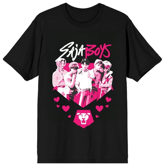 KPop Demon Hunters Saja Boys Pink and White on Black Short Sleeve Adult T Shirt - XS