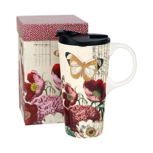 Topadorn Tasse de Voyage en Céramique 17 OZ avec Poignée et Boîte-Cadeau Fleur Rouge et Papillon