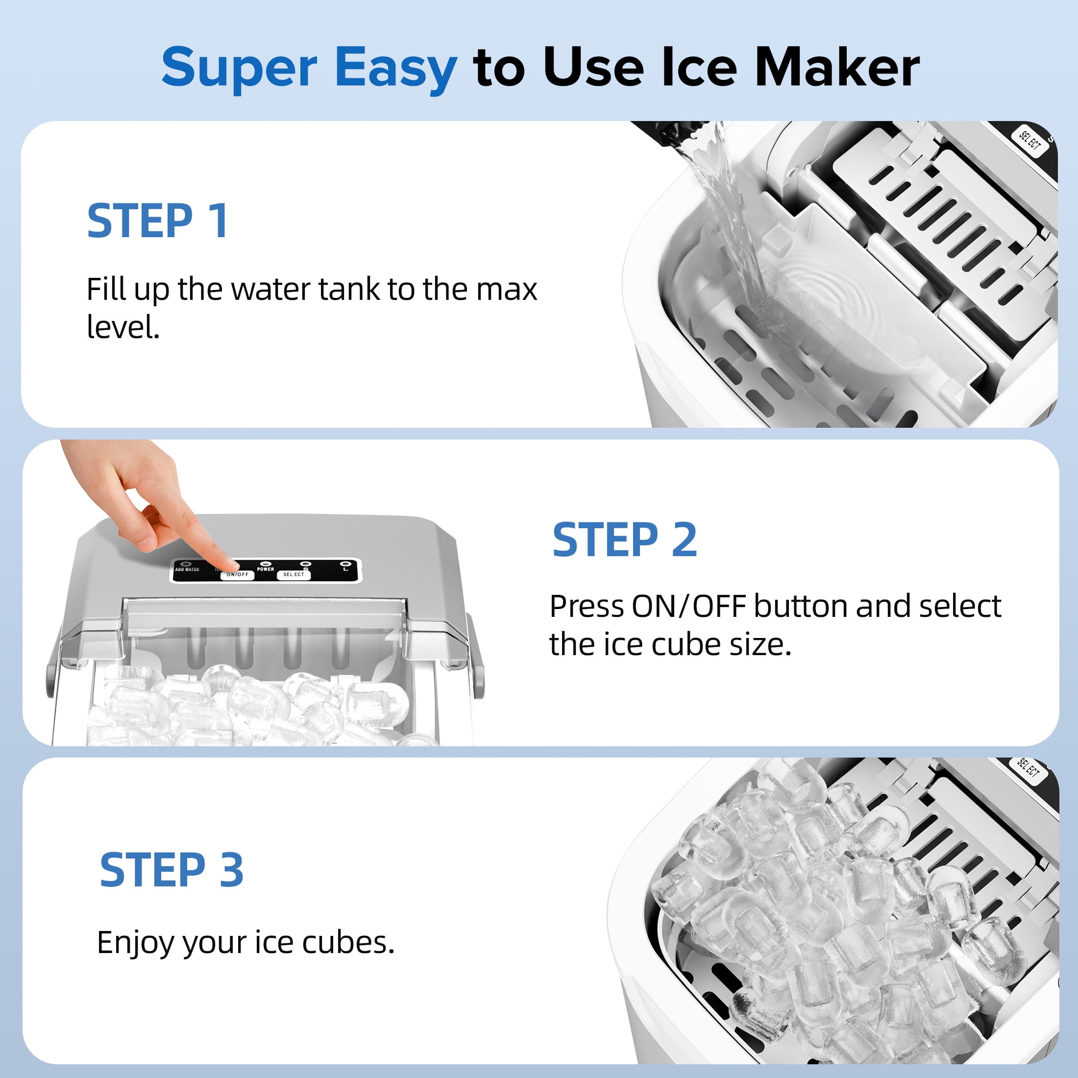 Auseo Countertop Ice Maker, 2 Sizes of Bullet Ice, 26Lbs/24H, 8 Ice Cubes in 6 Mins, Portable Ice Machine with Self-Cleaning for Home/Party/Travel/Camping (Grey)