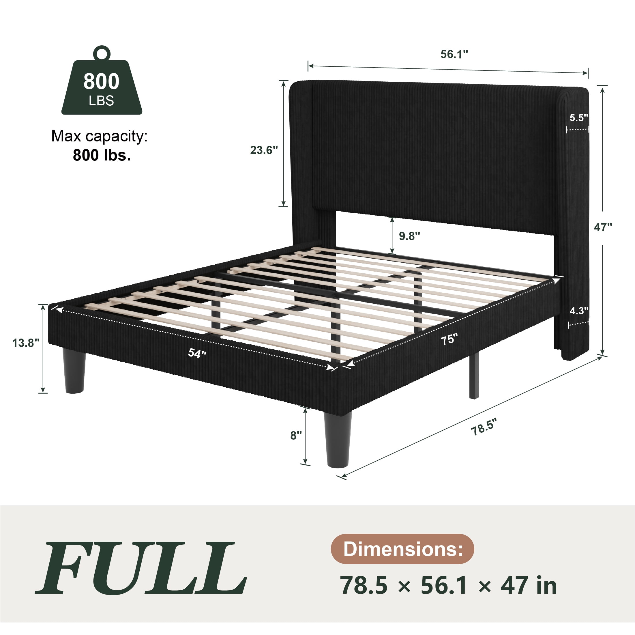 Amolife Full Size Platform Bed Frame with Velvet Upholstered Wingback Headboard, Black