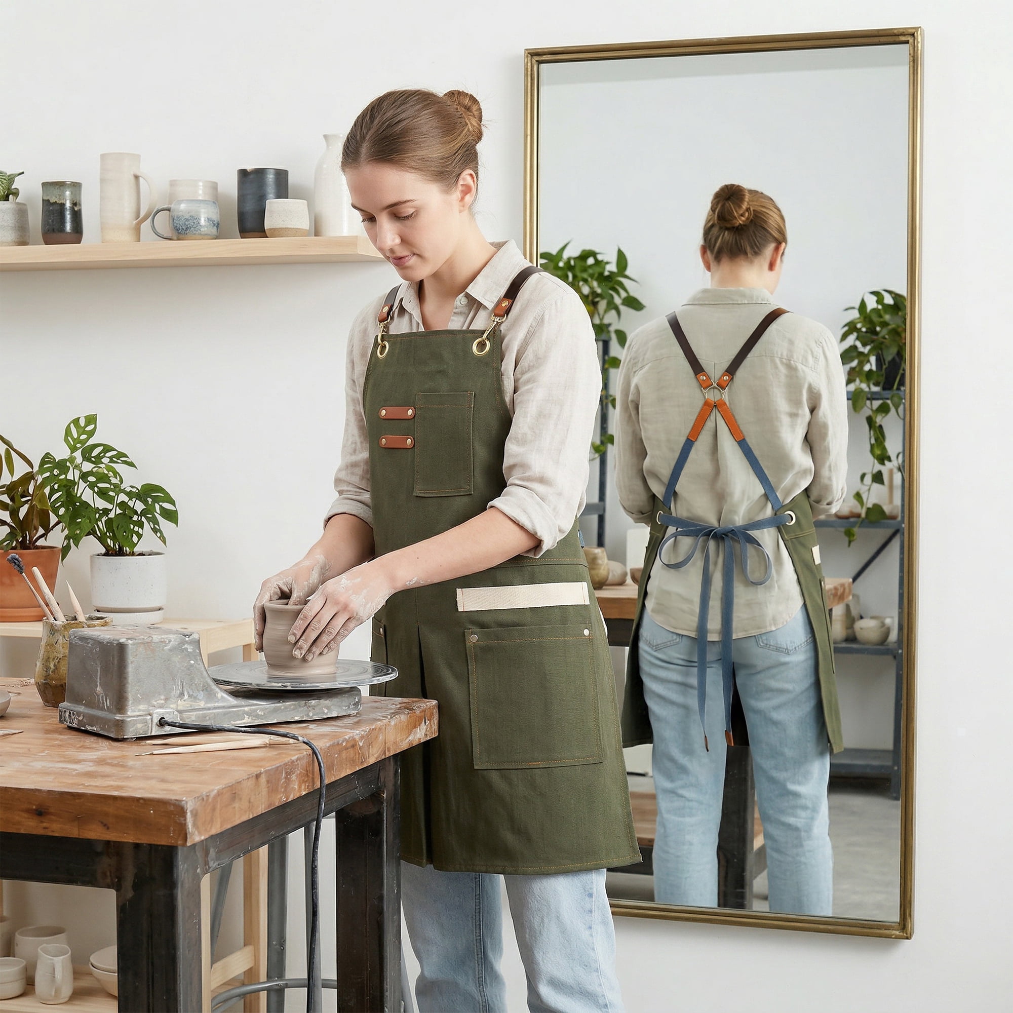 Unique Bargains Adjustable Long Waist Cooking Apron with Pockets for Kitchen Green