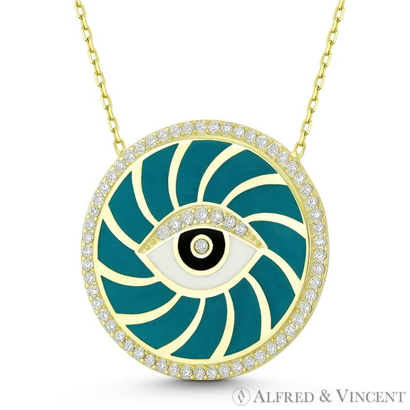 Evil Eye Spiral Luck Charm Enamel & CZ Crystal Pendant & Chain Necklace in .925 Sterling Silver