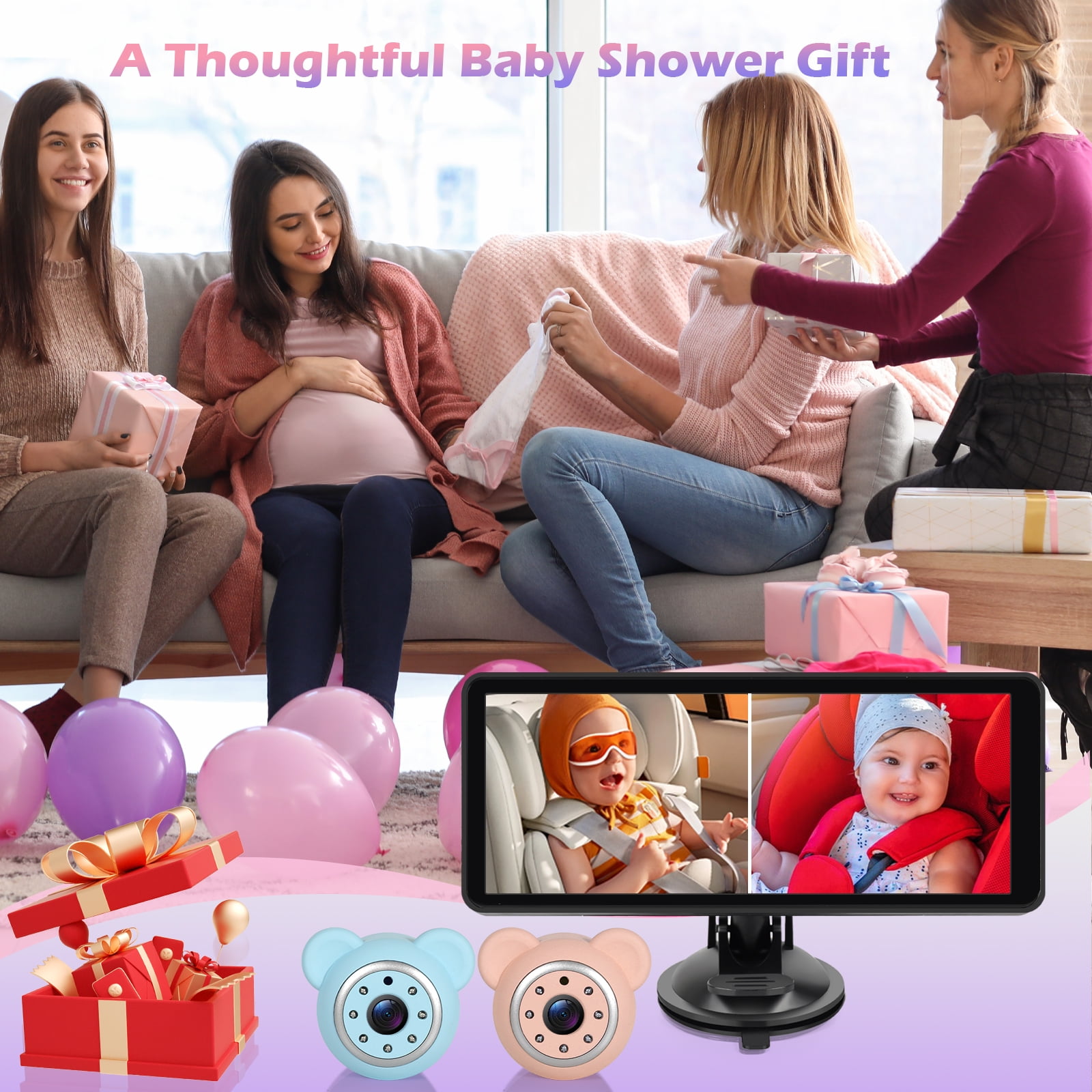 Baby Car Camera for 2 Kids - 6.9-Inch Monitor Easy Setup 360° Rotatable Double HD 1080P Clear Night Vision Car Seat Camera Rear Facing for Twins or Siblings, Safety & Convenience