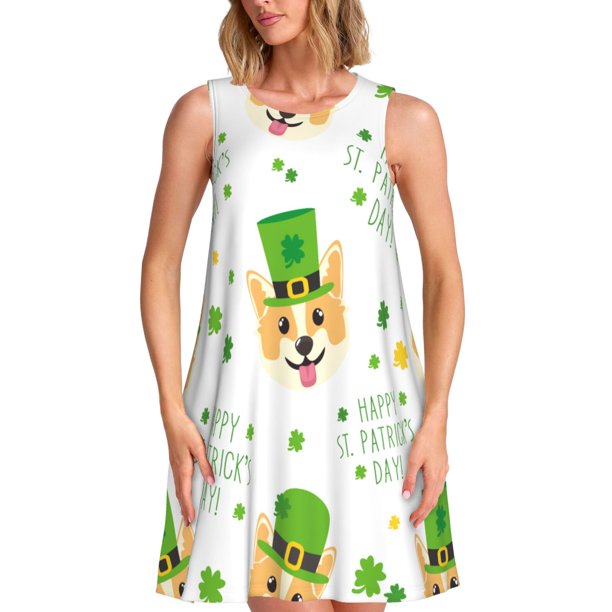Fotbe happy dog. St. Patricks Day Vestido de Verano sin Mangas para Mujer – Vestido Midi Línea A, Estilo Camiseta Floral, Vestido Playero Casual y Fluido