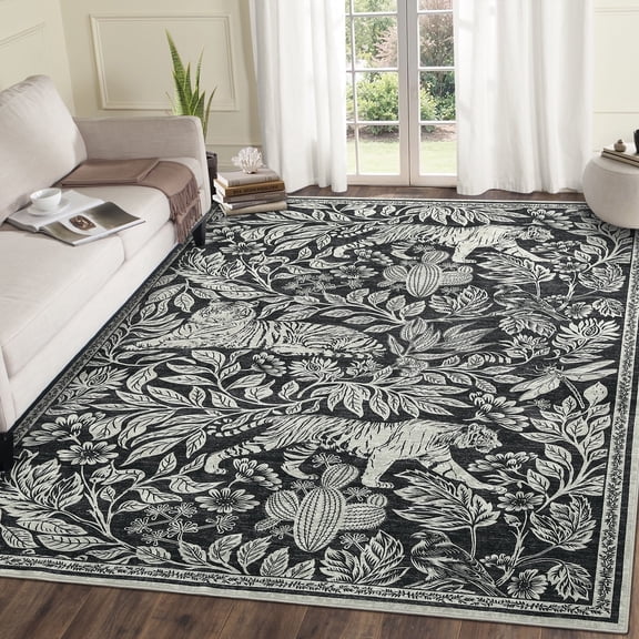 Geetinfly 5x7 Modern Abstract Print Rugs Washable Living Room Rug Non Slip Non-Shedding Forest Tiger Floor Rugs Carpet SoFT Area Rugs Stain Resistant Indoor Rug for Dining Room Bedroom Black