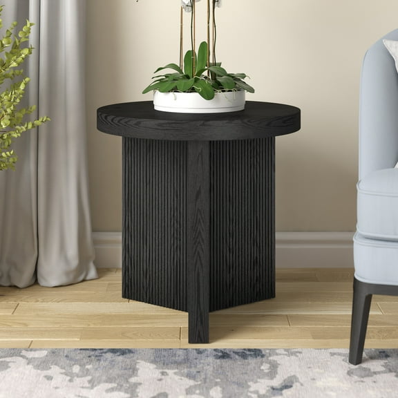Holm 22" Wide Round Fluted Side Table in Black Grain