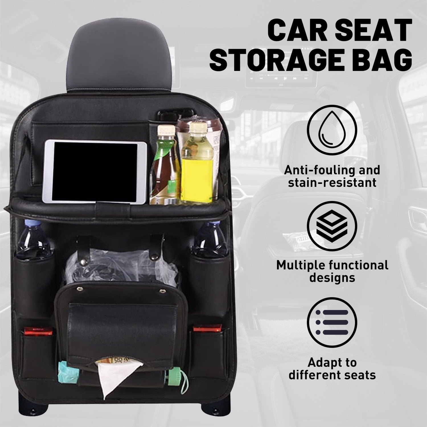 ASKITO 2PCS Car Backseat Organizer with Foldable Tray, PU Leather Universal Car Seat Protector for Kids, Pets & Travel Accessories, Black