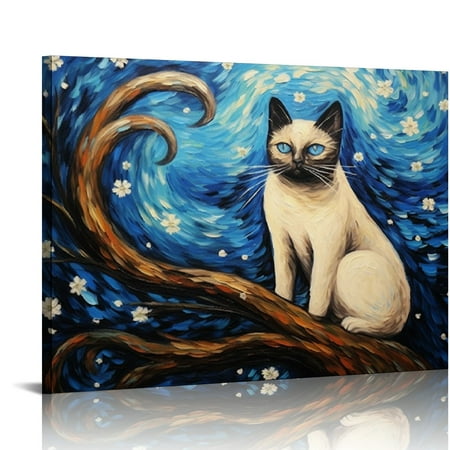 

ONETECH Siamese Cat Artwork: Van Gogh-Inspired Starry Night Canvas Prints Eye-Catching Wall Art Decor Perfect for Art Aficionados and Cat Admirers