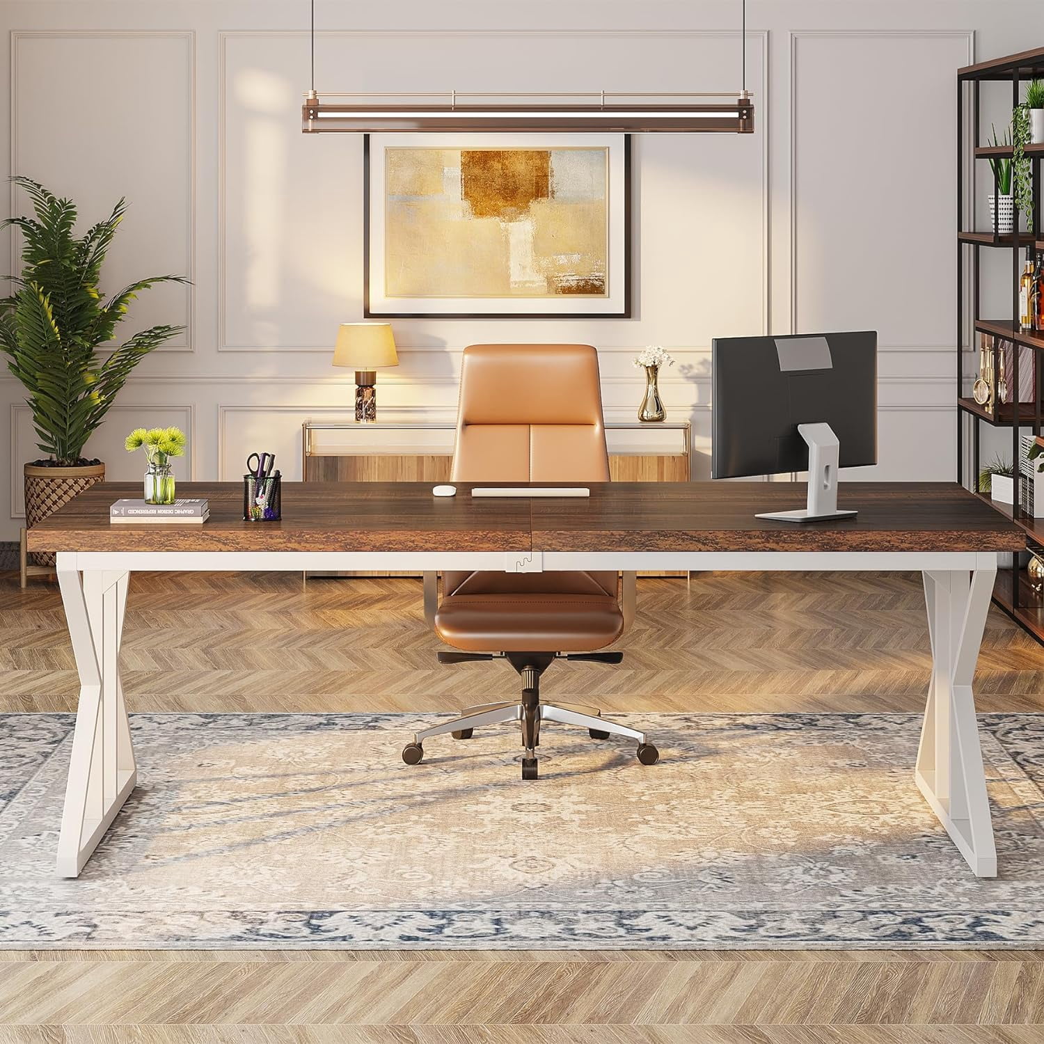 Tribesigns 78.7-Inch Executive Desk, Large Computer Office Desk, Industrial Study Writing Table for Home Office(Brown/White)