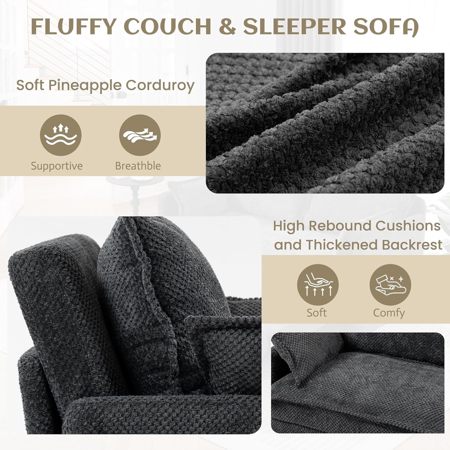 Modern Convertible Sleeper Sofa with USB Charging, Queen-size Corduroy Upholstery Sofa Bed, Gray