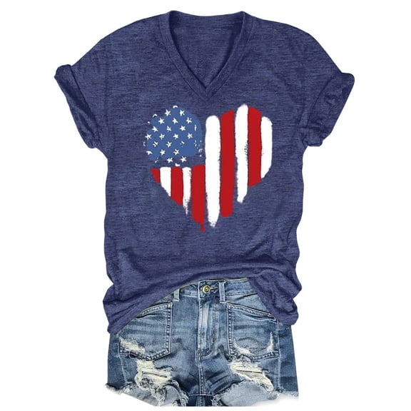 Trendfront Womens American Flag Heart Graphic T Shirts V Neck Short Sleeve Patriotic 4th Of July 250th Anniversary Casual Tee Tops