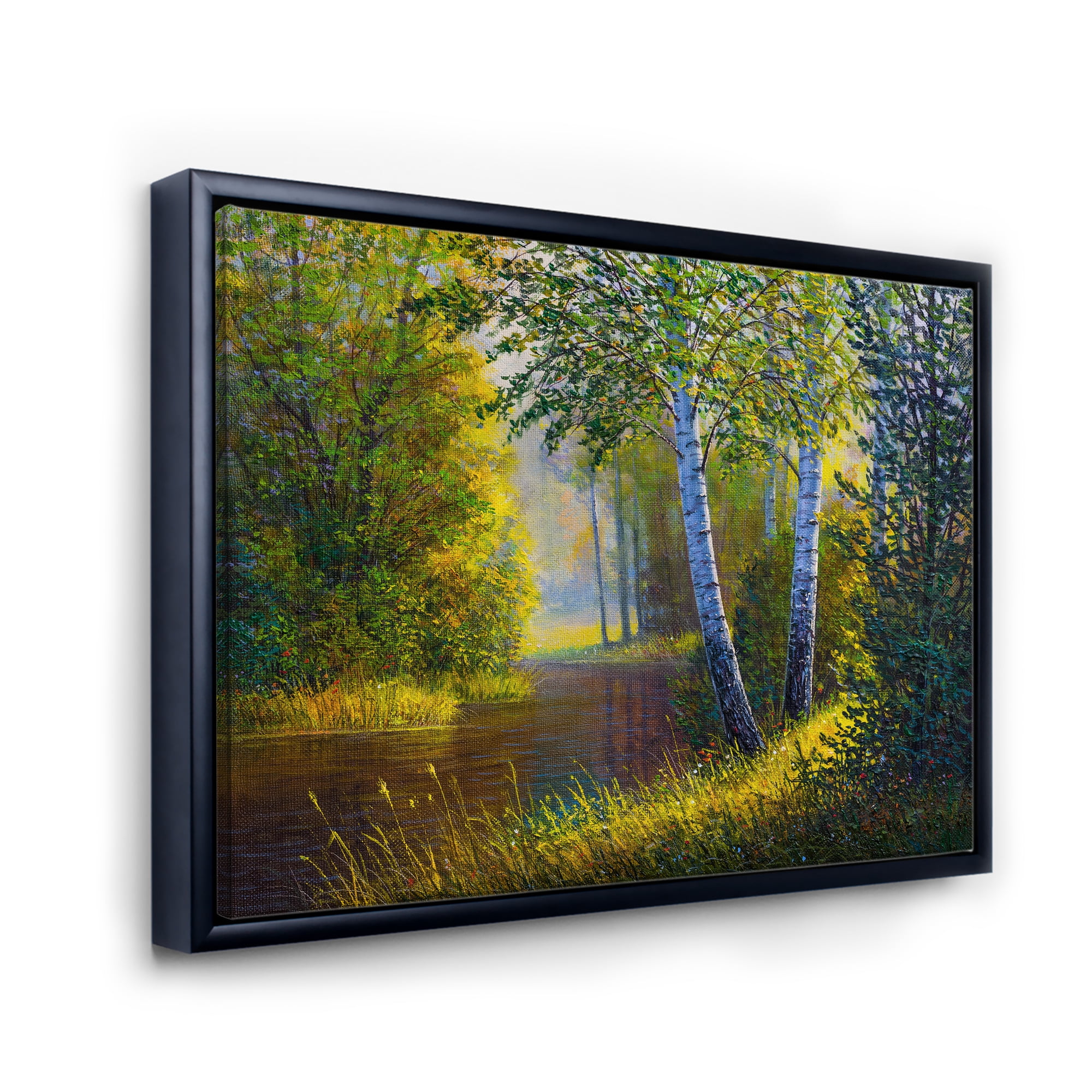 Designart 'Sunrise Glow Through The Birches II' Lake House Framed Canvas Wall Art Print