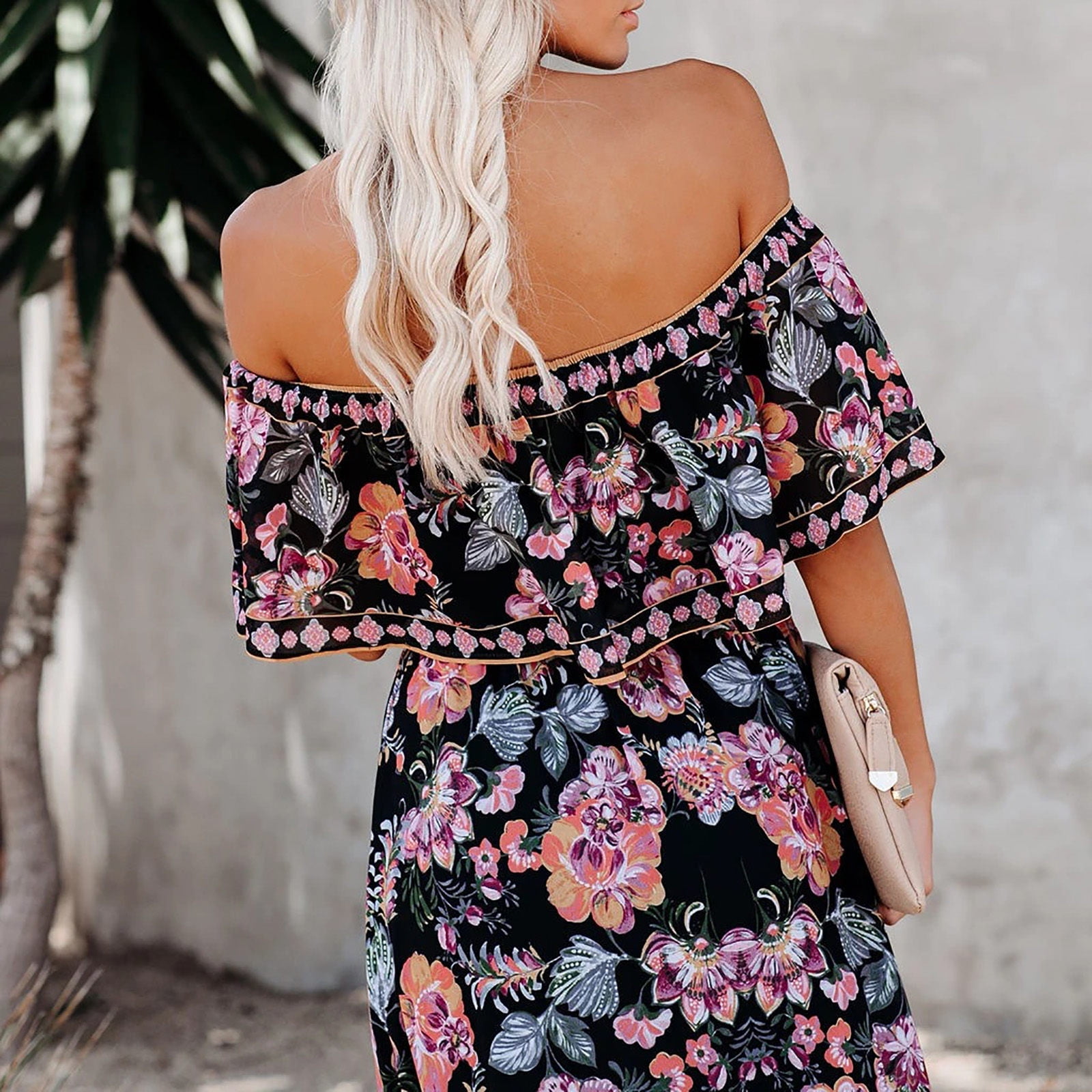 Womens Off the Shoulder Dresses Floral Print Tunic Strapless Bandeau  Holiday Dress Casual Sexy Sleeveless Long Sundress 