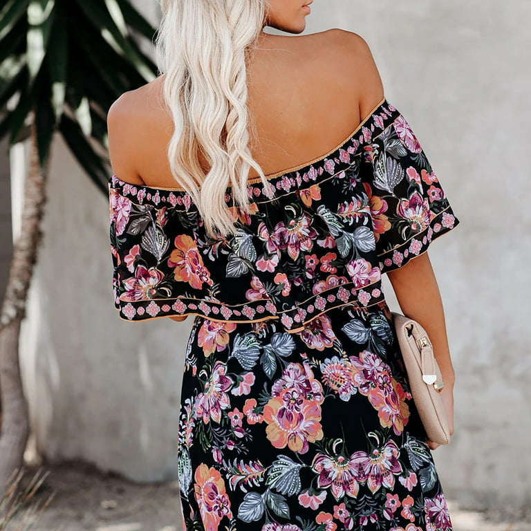 Womens Off the Shoulder Dresses Floral Print Tunic Strapless