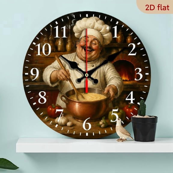 Funny 10 Inch Chef Wall Clock - Decorative Kitchen Decor for Home, Office, Restaurant - Battery Operated Culinary Gift for Foodies, 2D Flat