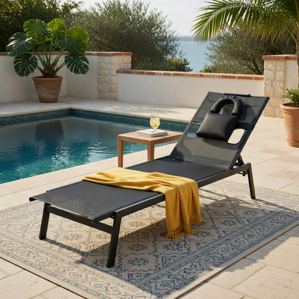 Hommoo 5-Position Adjustable Sun Lounger Chair for Patio, Poolside & Backyard, Metal Tanning Chaise with Headrest & U-Shaped Pillow, Black