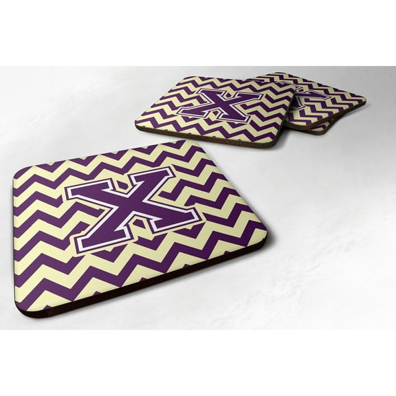 Letter X Chevron Purple and Gold Foam Coaster Set of 4