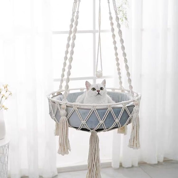 Macrame Hanging Cat Hammock Bed, Boho Handwoven Cotton Rope Swing with Soft Plush Cushion & Tassels, Decorative Elevated Cat Perch Nest for Indoor Cats Kittens, Bohemian Style Home Decor