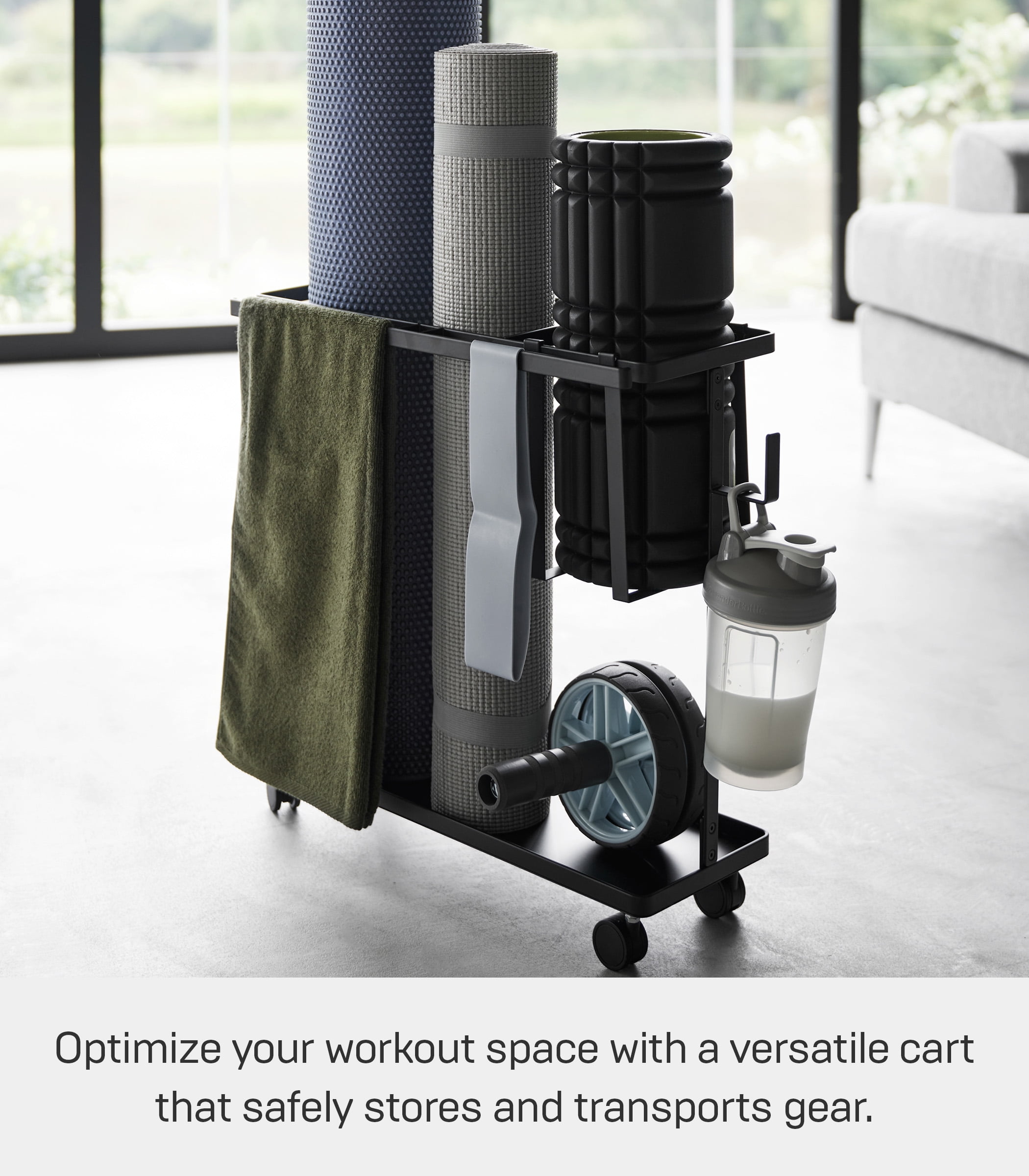 Yamazaki Home Fitness Equipment Storage Cart, Black, Steel, Supports 16.5 pounds, Wheels, Adjustable