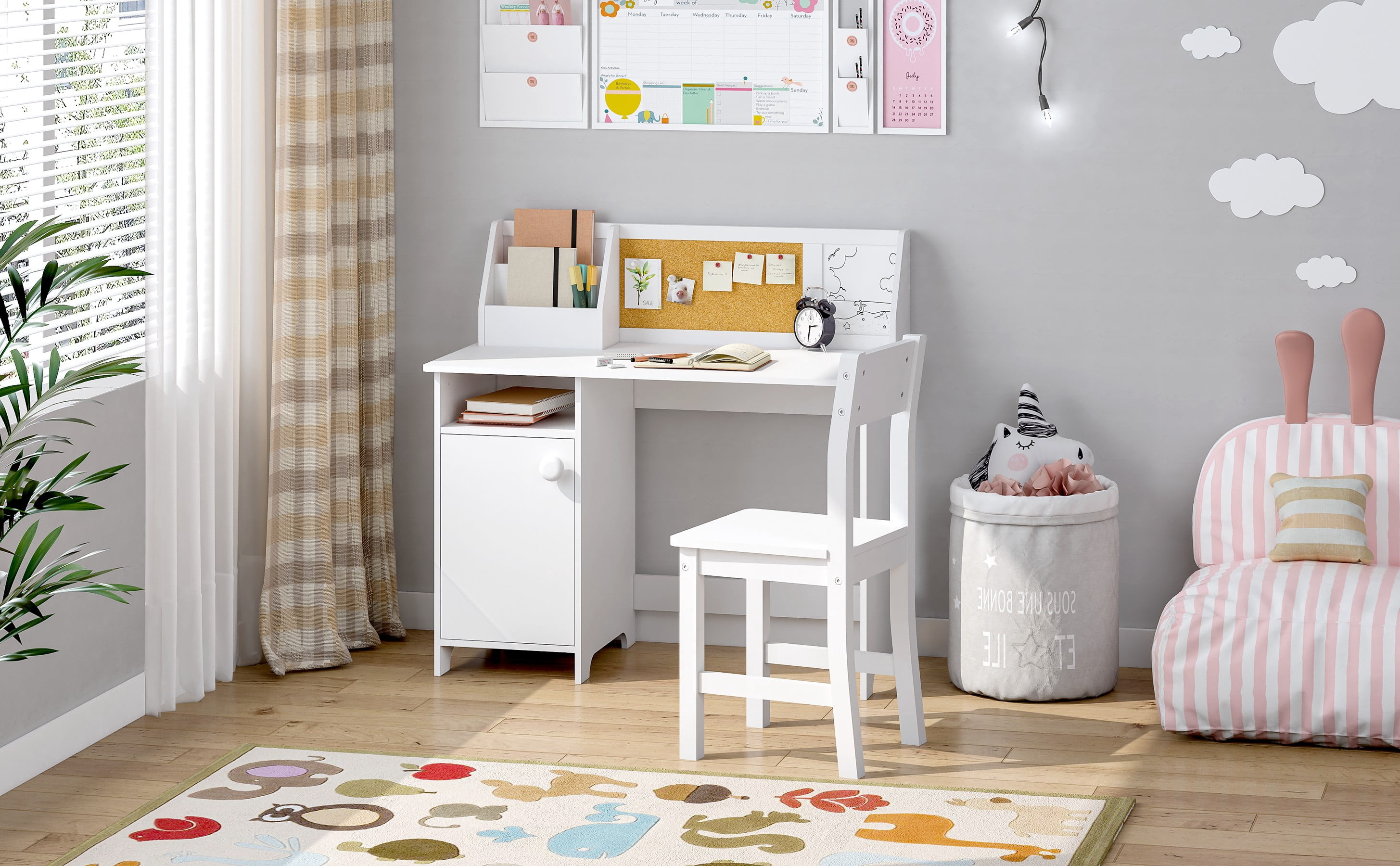 STAROUS Kids Study Desk with Chair, Wooden Study Table for 3-8 Years Old, Student's Workstation & Writing Table (White)