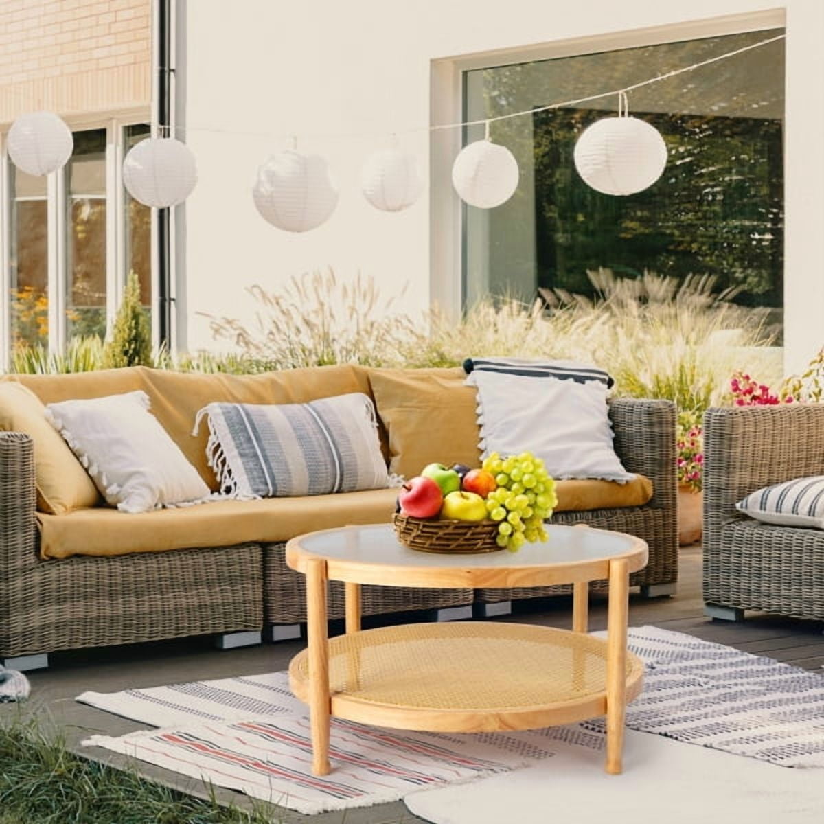31.5" Round Rattan Coffee Table - Tempered Glass Top , Hand-Woven Rattan Shelf, Rubberwood Frame, Indoor/Outdoor for Living Room, Patio, Bedroom
