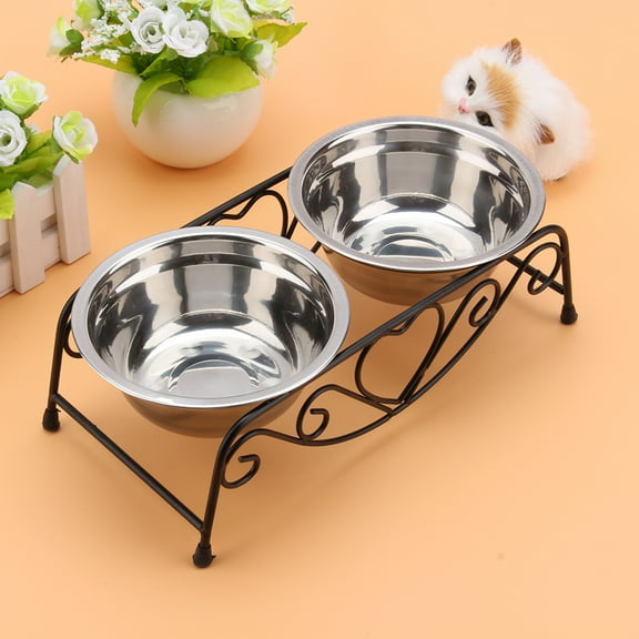 Mgaxyff Pet Feeder Dog Bowls Raised Dog Cat Feeding Station Double Dish Bowl Stand - Stainless Steel Food And Water Bowls With Iron Stand - Pet Puppy Cat Food & Water Diner Stand Set