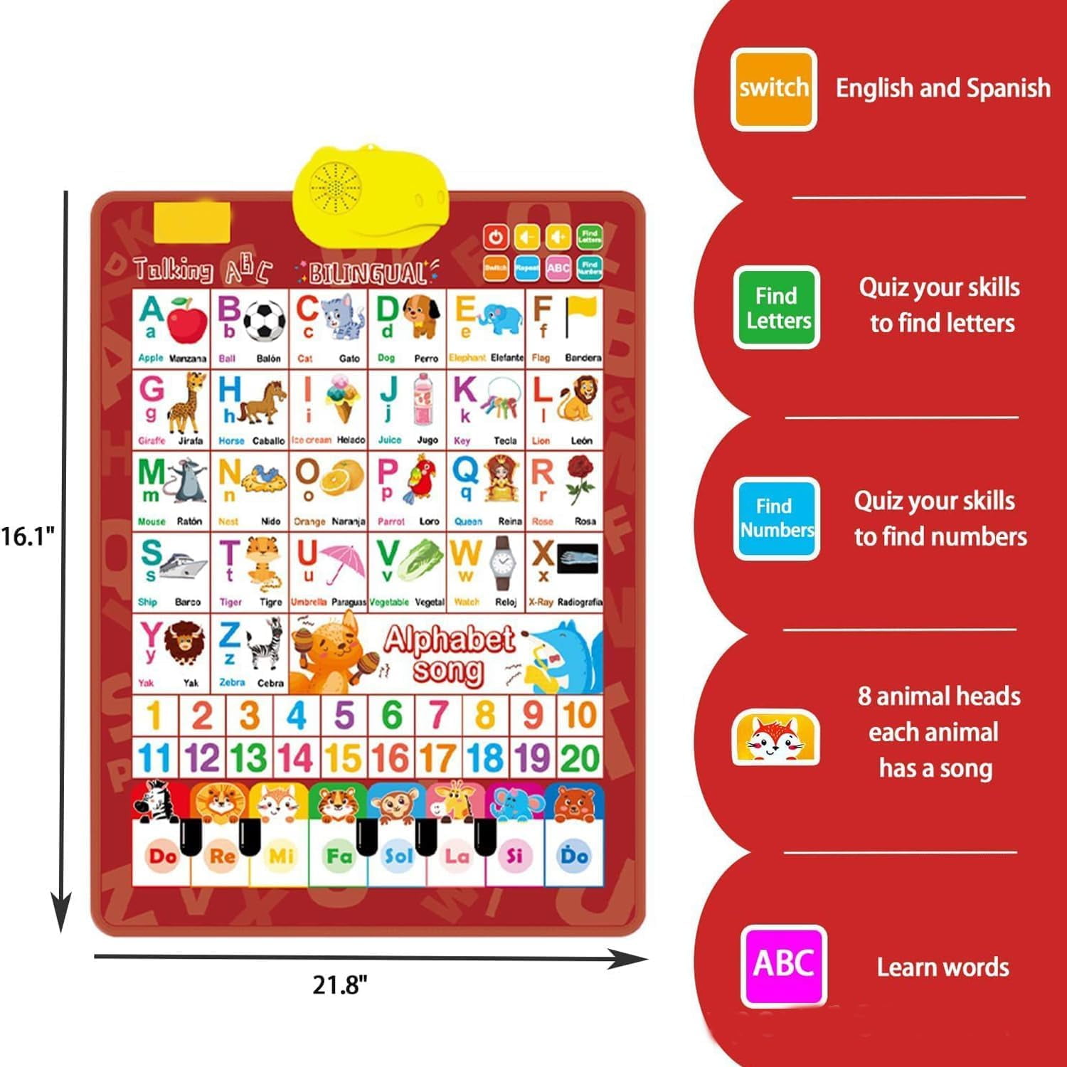 Talking Wall Chart, Bilingual English & Spanish Learning Poster with ABCs, Numbers and Piano, Interactive Educational Toy