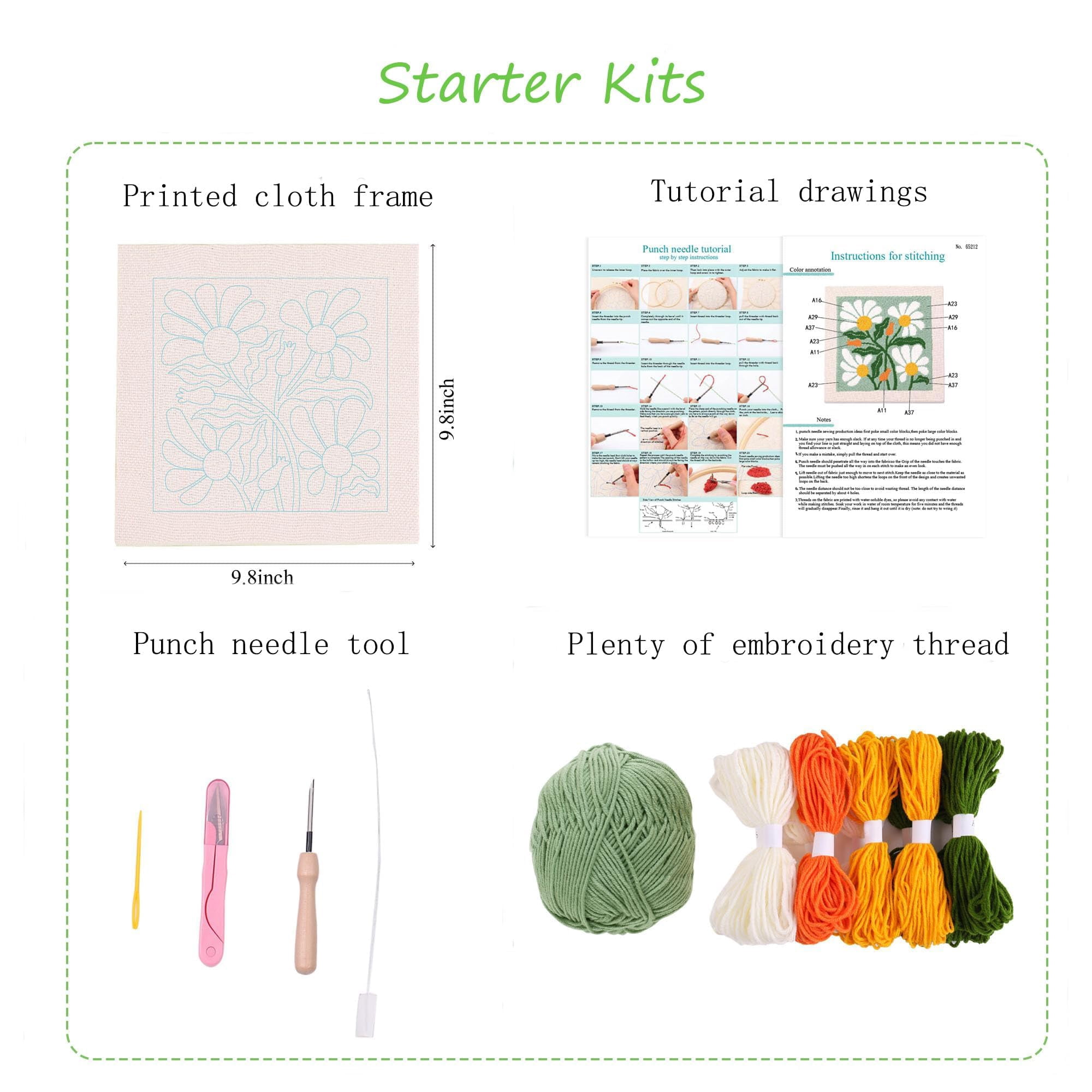 Punch Needle Kit for Beginners,with 9.8" Square Frame,Color Yarn, Punch Needle Tool, Scissors, Instructions for Birthday Gift or Holidays Like Christmas Day