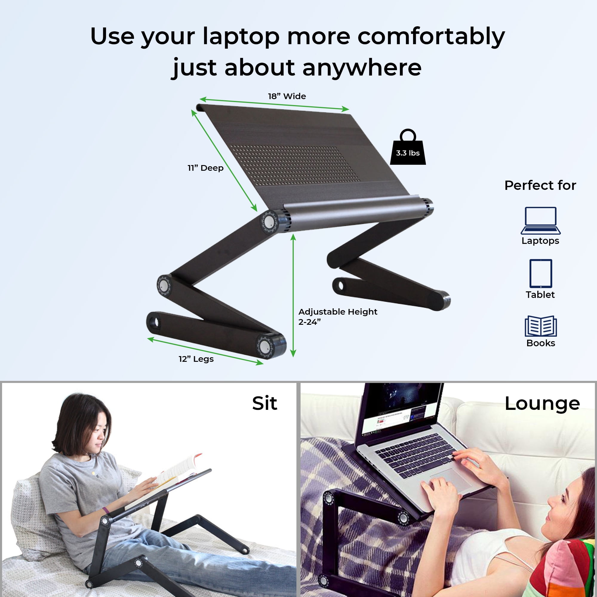 Adjustable Laptop Stand for Desk and Bed – WorkEZ Executive Aluminum Laptop Riser with Ergonomic Height & Tilt, Cooling Panel, and Portable Lap Desk Design