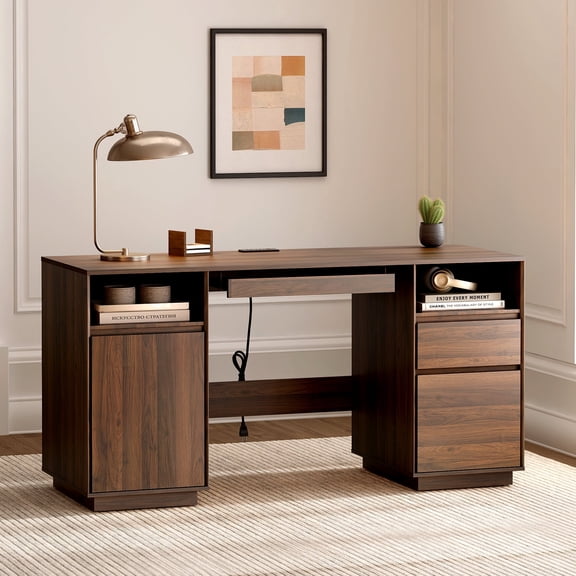 Joyyskill Farmhouse Executive Desk with File Drawer 59" Large Computer Desk Home Office Desk with Charging Station, Keyboard Tray, Storage Cabinet Modern Workspace for Study, Brown