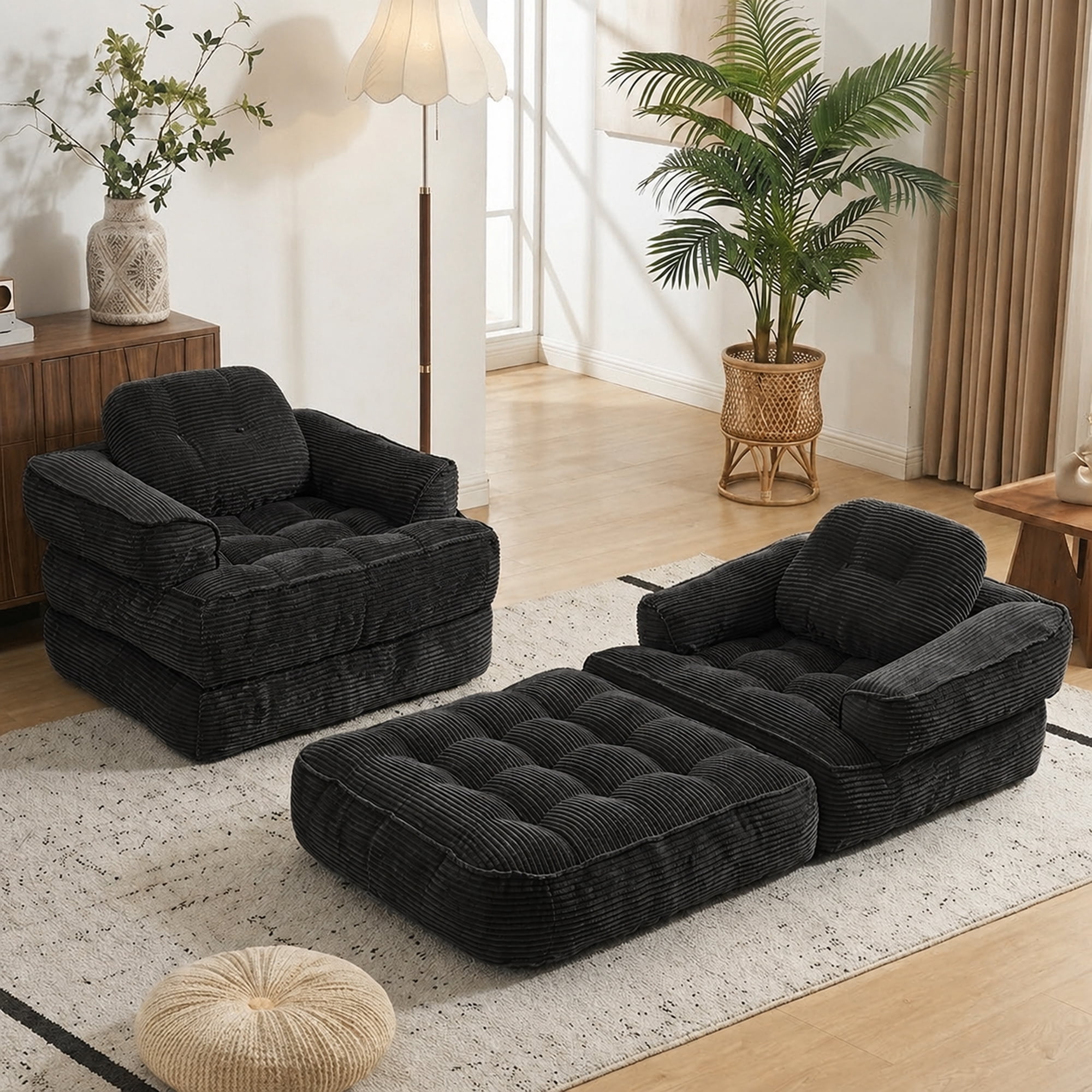 Leumius Folding Sofa Bed, Convertible Sofa Bed with Armrest, Corduroy Boneless Foldable Bed, 2-in-1 Portable Sofa Bed with Pillows for Bedroom, Living Room, Homestay, Game Room Black