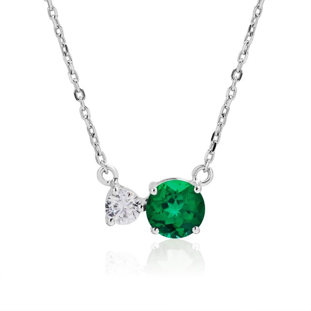 Collar con colgante JeenMata piedra natal de Mayo esmeralda circonita cúbica doble redonda baño de oro blanco plata esterlina