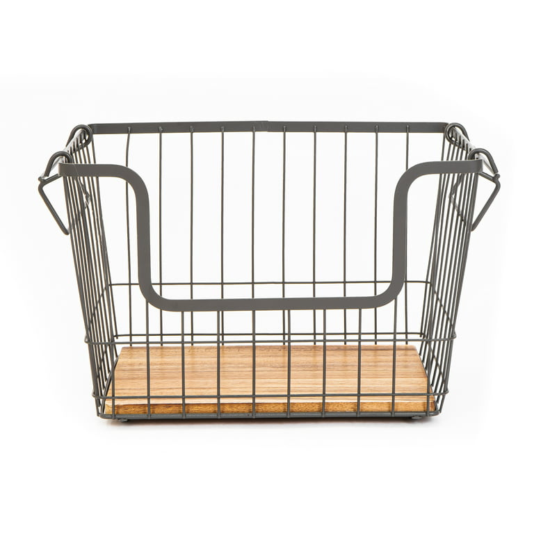 2pcs Metal Iron Wire Basket Wood Handle Shelf Storage Box Pantry