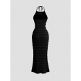 thumbnail image 2 of Black Ruched Halter Maxi Dress With Adjustable Neck Tie, 2 of 6