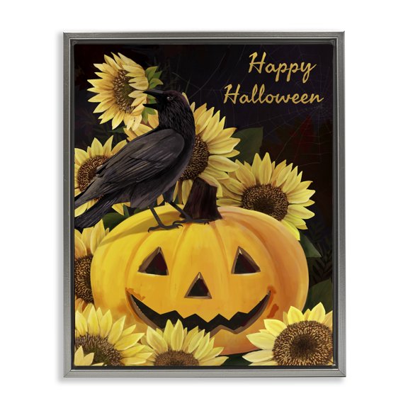 Stupell Industries Cottage Crow on Jack-o-Lantern Gray Floating Frame Canvas Art, 17 x 21, by Diane Neukirch