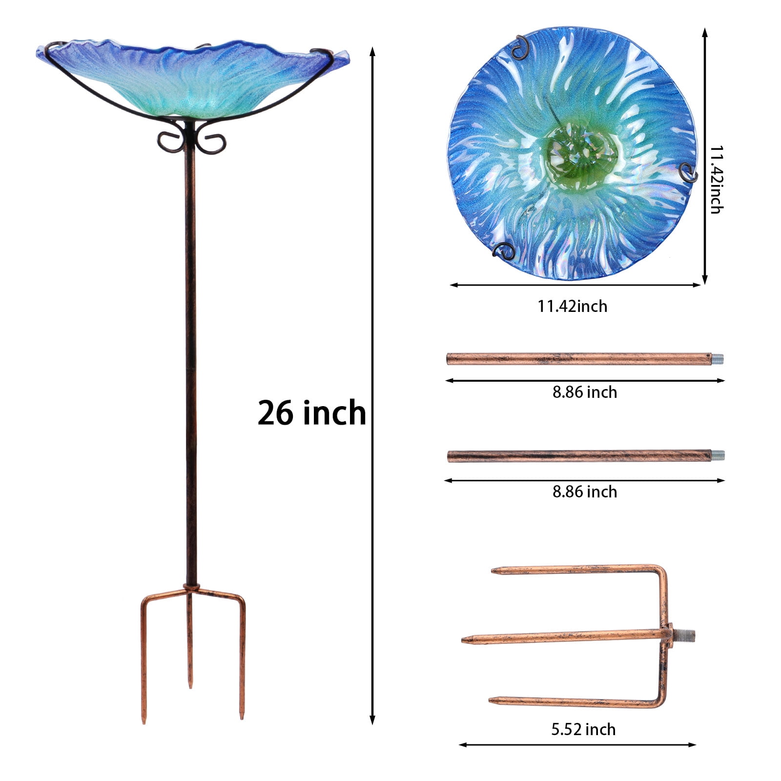 Outdoor Bird Bath, Birdbath With Metal Stand, Wavy Bird Bath, Birdfeeder, For Garden,Patio, Blue