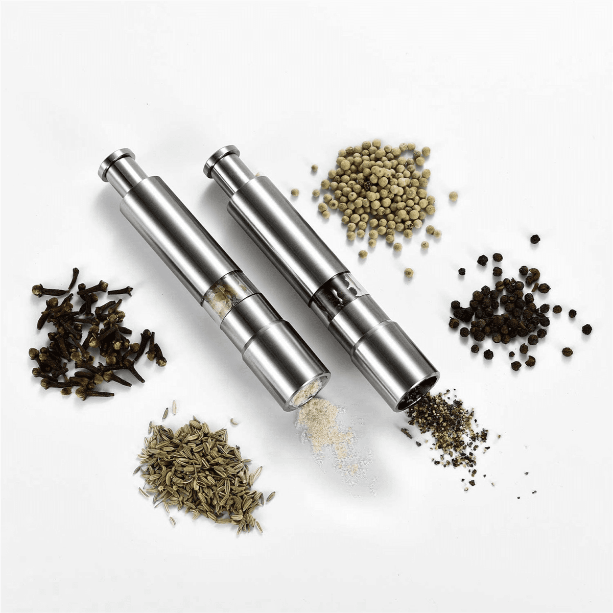 Salt and Pepper Grinder Set of 4, Pepper Mill Stainless Steel Salt Shaker Push-Button Manual Glass Salt and Pepper Set,4 x pepper grinder 2 x Base,Silver