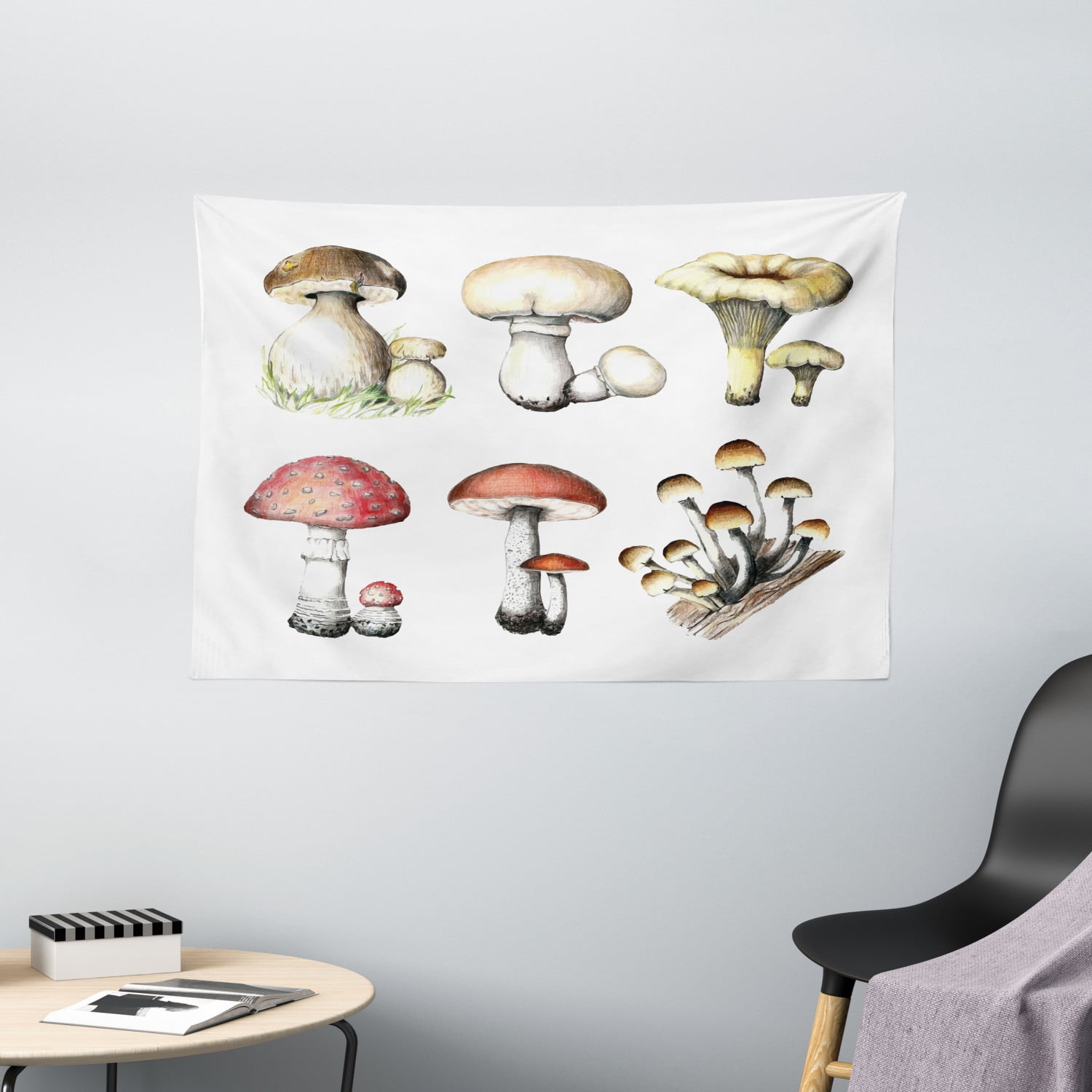 Mushroom Tapestry, Hand Drawn Fungus Pattern Amanita Muscaria Boletus