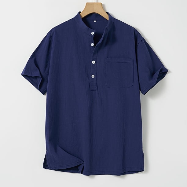 Ceisia Men's Shirt | Loose Stand Collar Short Sleeve Cotton-Linen Shirt | Breathable Textured Wrinkle (Multiple Solid Colors) Gift