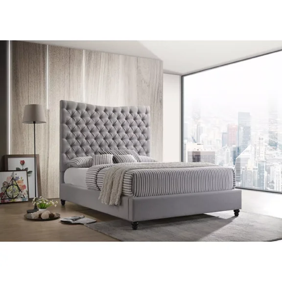 Modern Fabric Upholstered California King Platform Bed Frame with Diamond Tufted Headboard, Gray