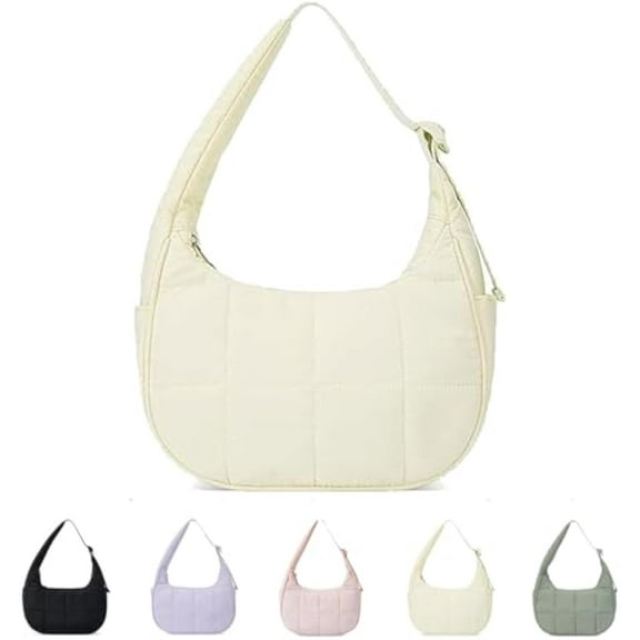 Bloomrs Bag, Small Puffer Crescent Shoulder Bag for Women, Adjustable Shoulder Strap, Nylon Quilted Bags