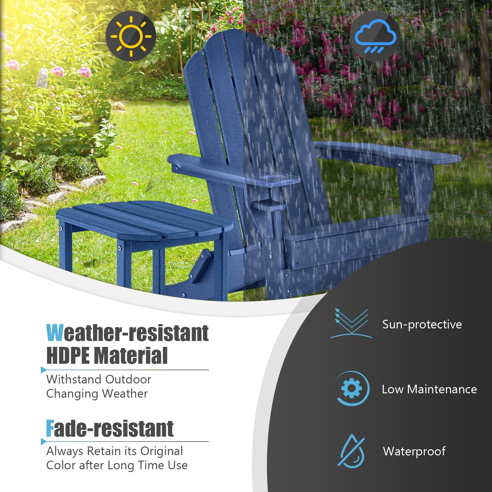 Gymax 2 PCS Patio Folding Adirondack Chair Side Table Cup Holder HDPE Navy