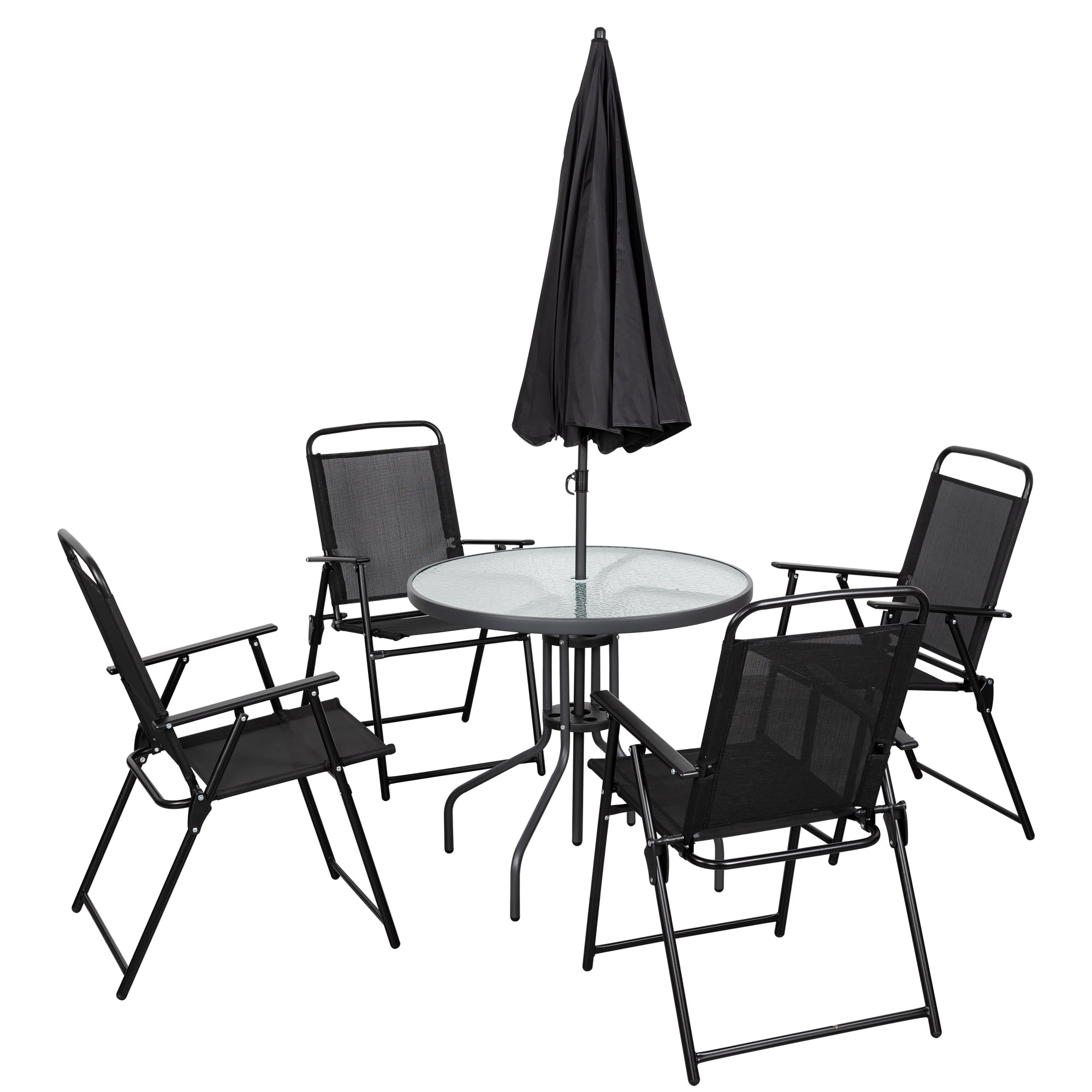 Sobaniilo 6 Piece Folding Outdoor Dining Set with Tilt Umbrella, Metal Patio Garden Patio Furniture Table and Folding Chair Set, Black