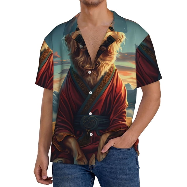 Balery Meditating Golden Retriever Camisa Casual de Manga Corta con Botones para Hombre, Texturizada, Estilo Cubano, para Playa, Verano-4X-Large