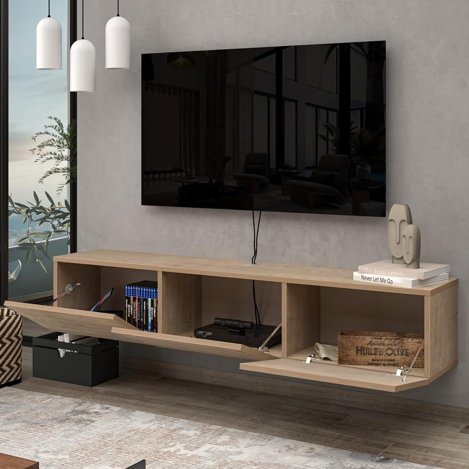 HomeStock Artisanal Abode Floating TV Stand, TV Stand up to 75 inch TV, Floating TV Stand Wall Mounted, Floating Entertainment Center, Floating Shelf for Under TV, Floating TV Console-Color:Oak