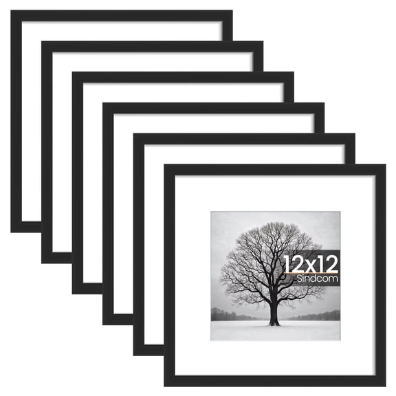 Sindcom 6 Pack 12x12 Picture Frames,Display Pictures 8x8 with Mat or 12x12 Without Mat,Gallery Wall Photo Frames, Black