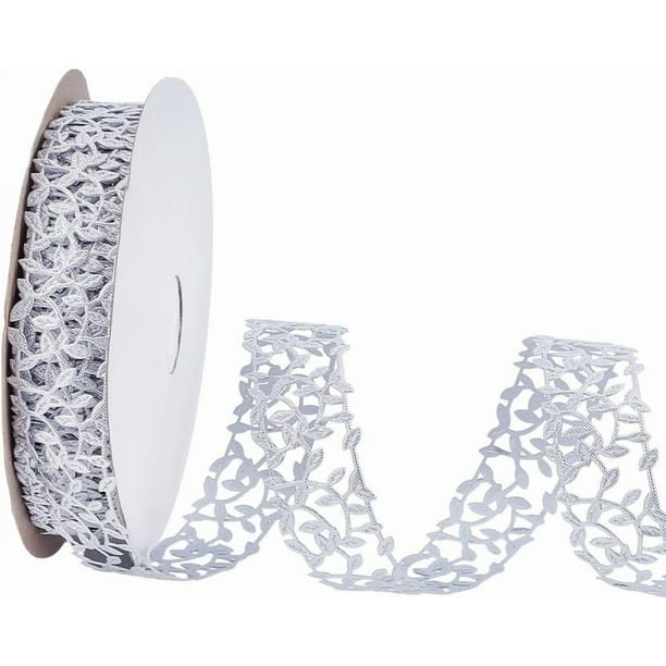 30 yardas de cinta de hojas plateadas con diseño de enredaderas, 1-1/8 pulgadas de cinta con hojas metálicas brillantes, adorno de cinta con bordado calado plateado